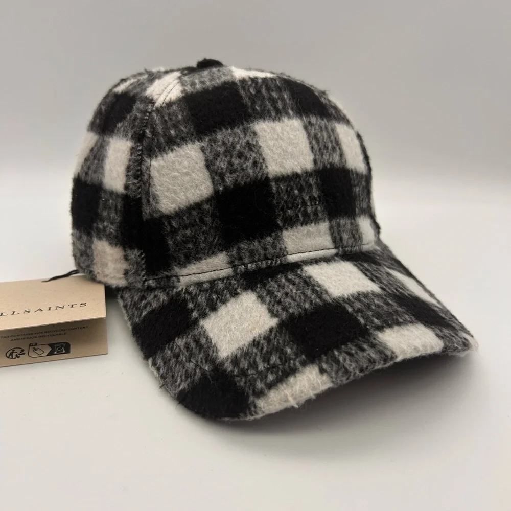 Allsaints Black/White Tweed Check Plaid Adjustable Baseball Cap Authentic NWT